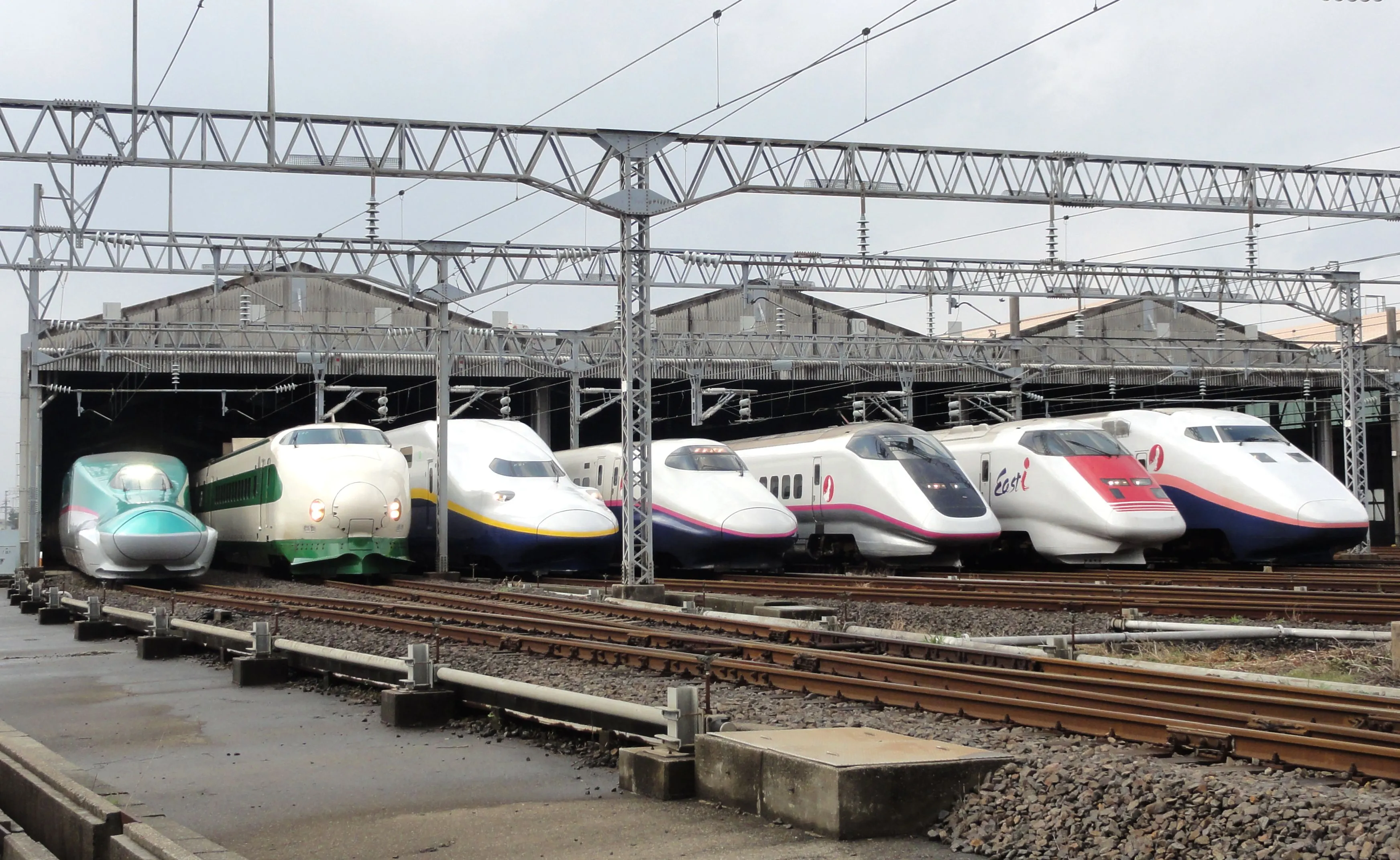 Alineación de trenes Shinkansen de JR East en el depósito de Niigata